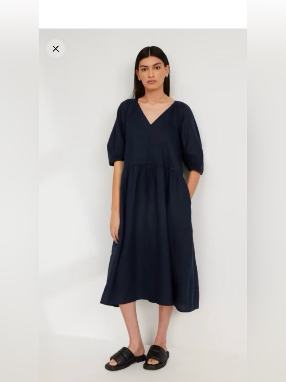 Everlane oversized linen puff sleeve dress in navy blue